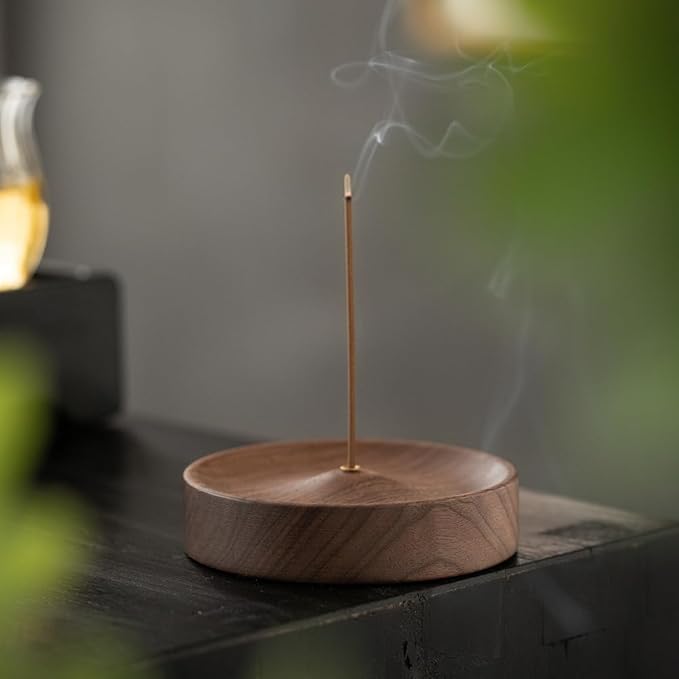 Black Walnut Incense Holder for Sticks - Round Wooden Incense Burner Tray, Handcrafted Natural Aroma Diffuser Bowl with Minimalist Design - Bloomnest
