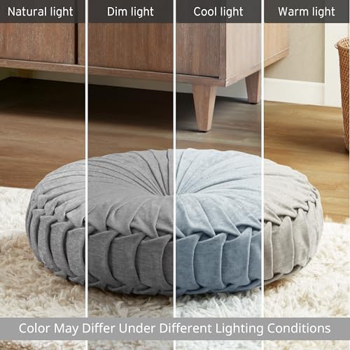 Intelligent Design Loretta Round Chenille Tufted Floor Pillow with Elegant Pleated Design, Large Boho & Vintage Decorative Throw Pillow for Sofa, Bed, or Chair, 22" x 6", Grey - Bloomnest