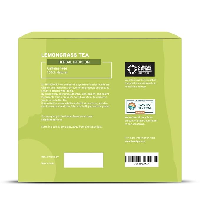 HANDPICK, Lemongrass Tea Bags (100 Count) Non-GMO, Caffeine Free - Quality Lemongrass Herbal Tea- Eco-conscious Round Tea Bags | Brew Hot or Iced Tea - Bloomnest