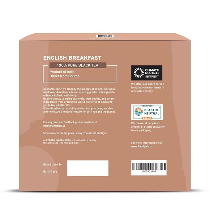 HANDPICK, Organic English Breakfast Black Tea Bags (100 Count) USDA Organic, Non-GMO | Strong, Robust, High-Caffeine Black Tea | Eco-conscious Tea Bags, Brew English Breakfast Tea & Kombucha Tea - Bloomnest