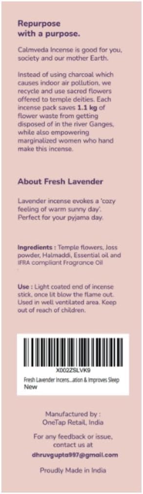 Fresh Lavender Incense for Calming - 80 Charcoal Free Incense Sticks, Made from Upcycled Flowers | Organic Incense Sticks Non Toxic | Use for Relaxation & Improves Sleep - Bloomnest
