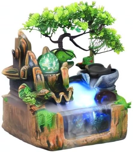 Gdrasuya10 Indoor Fountain, Tabletop Rockery Fountain with LED Lights, Goldfish Waterfall, Durable Resin Material, Ideal for Office, Home, Bedroom