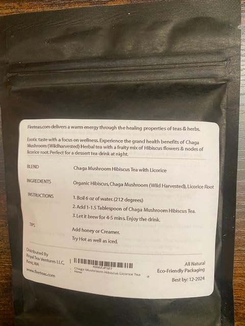 FIRE TEAS Organic Chaga Mushroom Herbal Tea with Hibiscus & Licorice Root - Packed with Antioxidants -