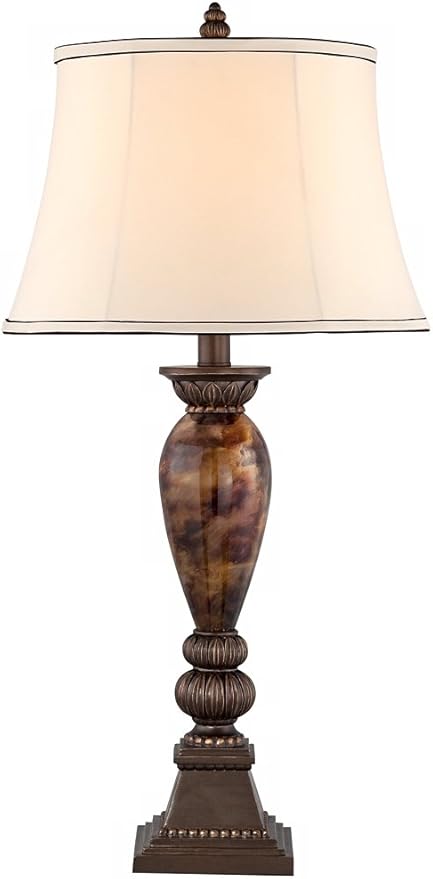 Kathy Ireland Mulholland Traditional Vintage Table Lamp 33" Tall Aged Bronze Golden Faux Marble Off White Bell Shade for Living Room Bedroom House Bedside Nightstand Home Office Entryway - Bloomnest