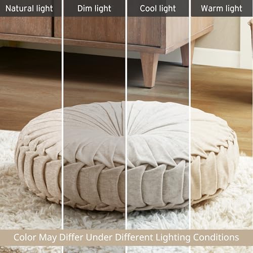 Intelligent Design Loretta Round Chenille Tufted Floor Pillow with Elegant Pleated Design, Large Boho & Vintage Decorative Throw Pillow for Sofa, Bed, or Chair, 22" x 6", Iovry