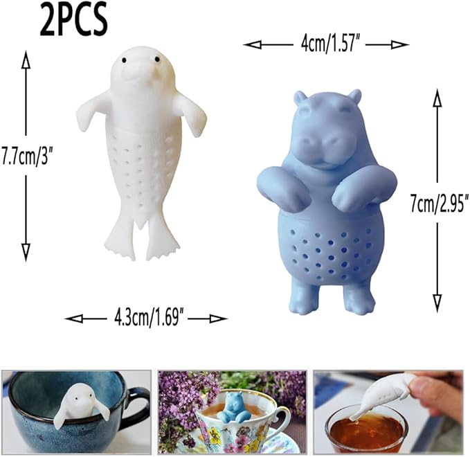 2 pcs silicone Tea Infuser,loose tea strainer,Cute tea infuser gift set for loose leaf tea, reusable tea infuser,is ideal gift for tea lovers (Seals + Hippos) - Bloomnest