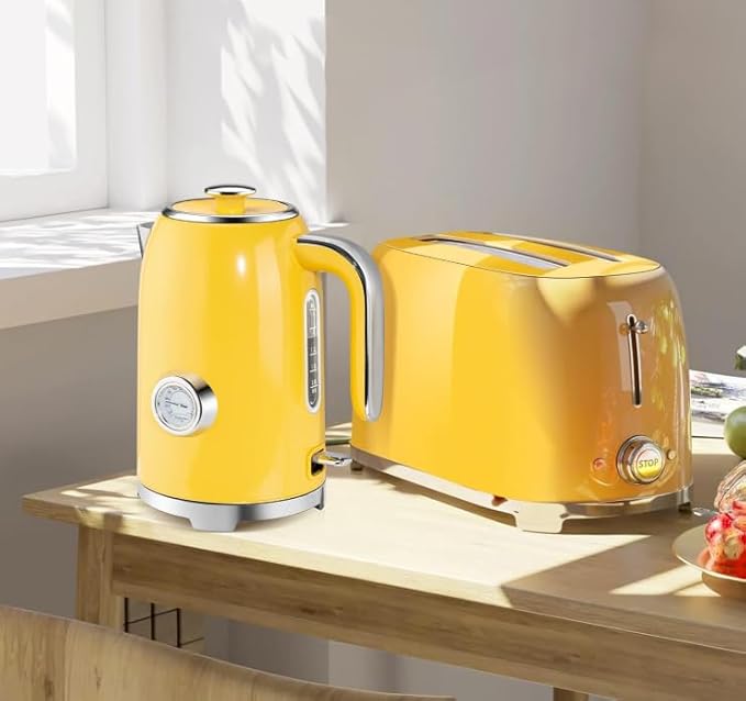 SUSTEAS Electric Kettle - 57oz Hot Tea Kettle Water Boiler with Thermometer, 1500W Fast Heating Stainless Steel Tea Pot, Cordless with LED Indicator, Auto Shut-Off & Boil Dry Protection, Retro Yellow - Bloomnest