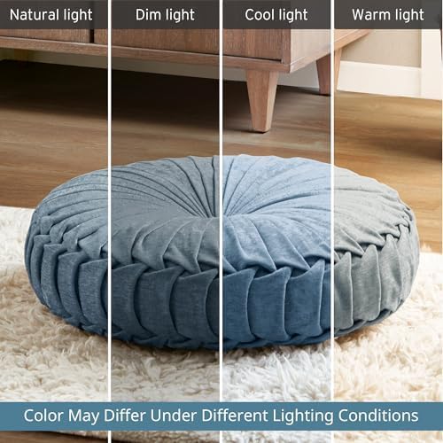 Intelligent Design Loretta Round Chenille Tufted Floor Pillow with Elegant Pleated Design, Large Boho & Vintage Decorative Throw Pillow for Sofa, Bed, or Chair, 22" x 6", Aqua - Bloomnest