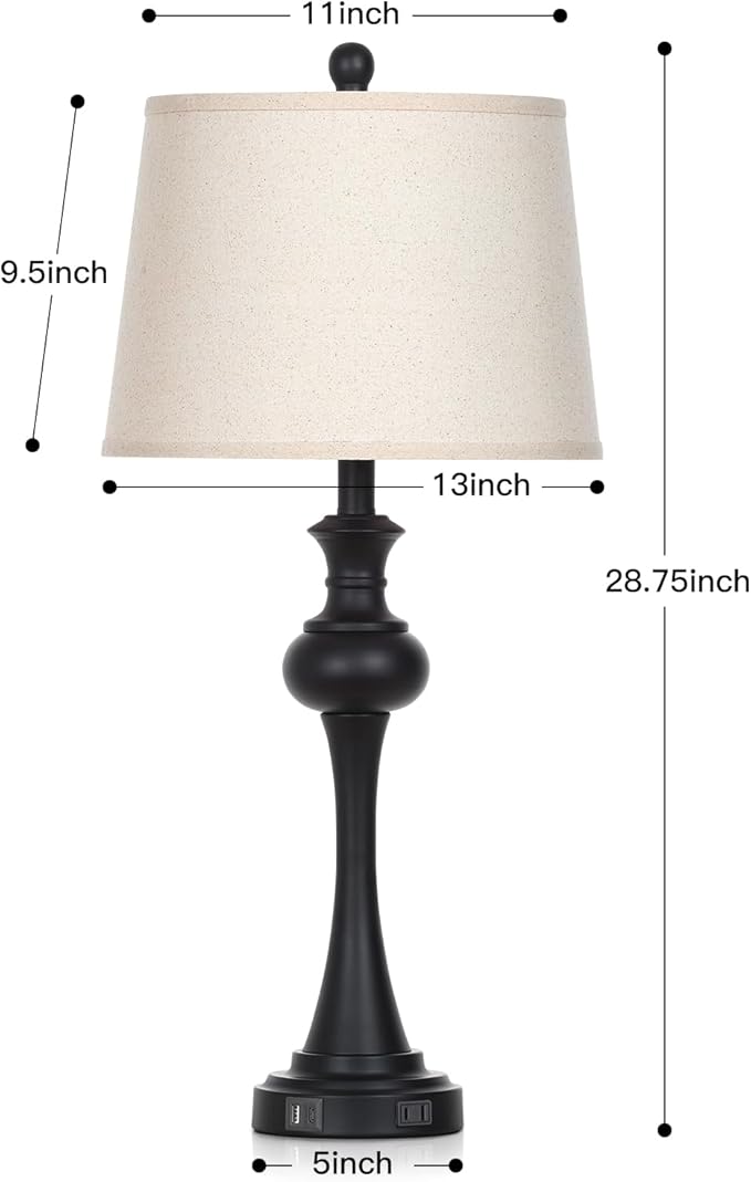 28.75" 3-Way Touch Control Modern Table Lamp Set of 2 for Living Room, Bedside Lamp with USB A+C Ports, Mid Century Black Table Lamps, Nightstand Lamps Set,Beige Fabric Shade Vintage Accent Style - Bloomnest