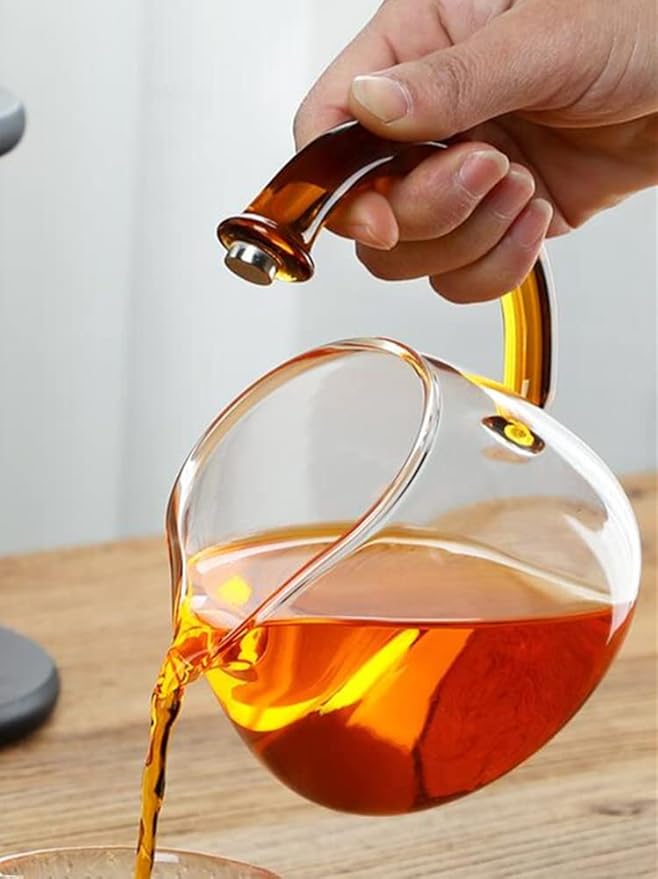 Mozeo Glass Semi-automatic Tea Set Wooden Glass Tea Set Water Diversion Rotating Cover Bowl Lazy Tea Maker Teapot Kungfu Fu teacup (Wooden Yellow Handle Teapot) - Bloomnest