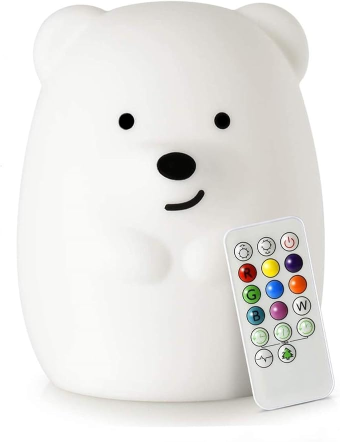 Large Bear Night Light for Kids, Silicone nightlights Bedside Table Lamps Baby Bedroom Lighting Nursery Children's Bed Lights - Eye Caring, Adjustable Brightness & Color, Time Setting - Large - Bloomnest