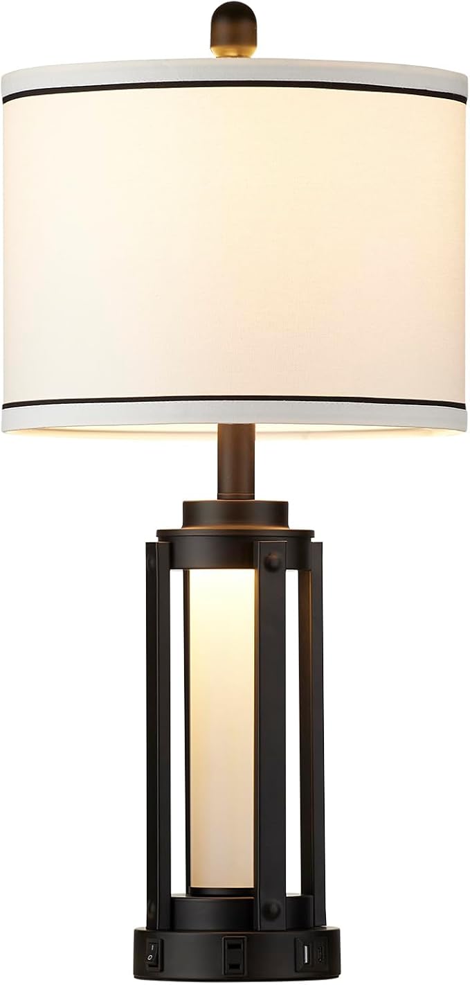 Industrial Table Lamps Set of 2, Modern Beside Lamp with USB A+C Charging Ports & AC Outlet, Rustic Nightstand Lamp with LED Night Light for Living Room Bedroom End Table Entryway Black Bulbs Included - Bloomnest