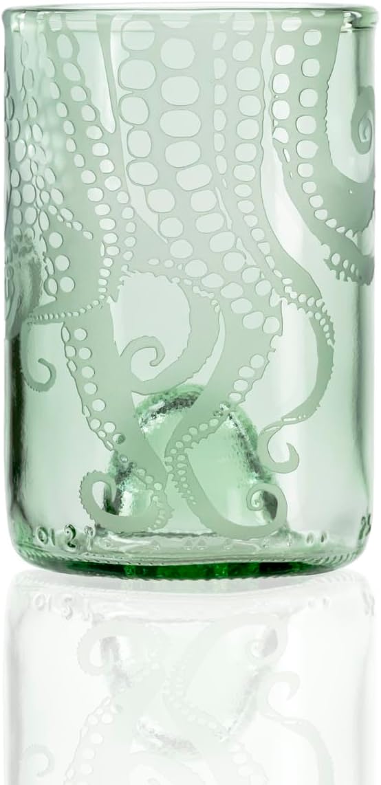 Rolf Glass Upcycled Oscar Octopus Green Glass Tumbler | Recycled Glassware | Made in the USA | Etched Octopus Design | Eco-Friendly Repurposed Bottles | Set of 4 - Bloomnest