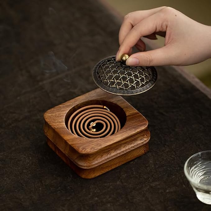 Bamboo Node Walnut Wood Incense Burner Holder - 4" Handcrafted Square Censer with Alloy Lid for Sticks/Cones/Yoga & Meditation (Natural Wood, Zen Home Décor) - Bloomnest