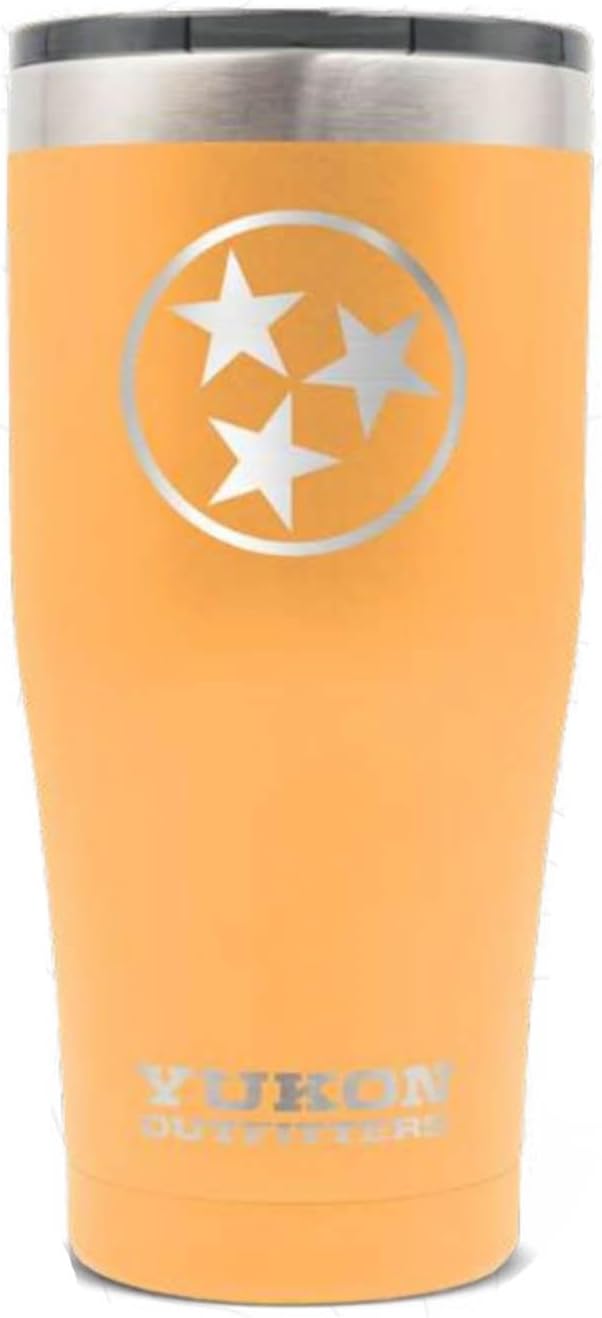 Yukon Outfitters Freedom High Grade 18/8 Corrosion-Resistant Stainless Steel Double Wall Vacuum Insulated Tumbler (20 oz/ 590ml) - 7.3" H x 3.4" Top dia. / 2.7" Bottom dia., TN Tri-Star Bright Peach - Bloomnest