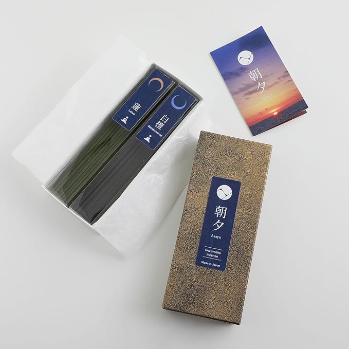 Asayu Japan Low Smoke Incense Gift Set with Incense Holder and Brass Stand, Premium Yoga Set (Lotus & Sandalwood) Incense Sticks with Navy Blue Lotus Holder - Bloomnest