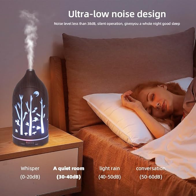 Essential Oil Diffuser,7.1''x3.5'' Air Diffusers with 3 Aromatherapy Oils Set,Small 200ml Humidifier with 7 LED Colors Lights,Waterless Auto-Off for Desk Office Home Decor Gift(Tree Dark Wood Grain) - Bloomnest