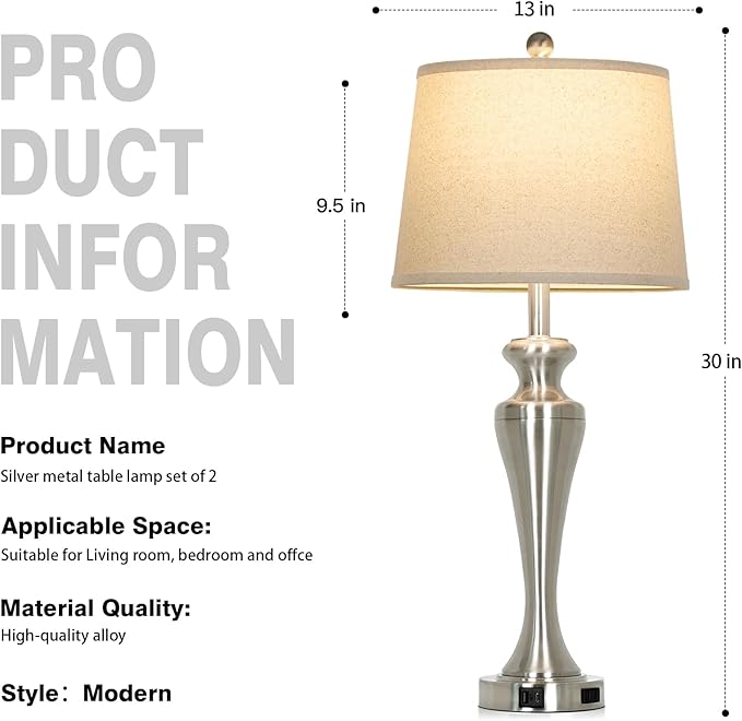 30" Silver Table Lamps Set of 2, 3-Way Dimmable Touch Living Room Lamp with USB A+C Ports and AC Outlet, Modern Brushed Nickel Bedroom Lamps, Tall Metal Bedside Lamp for Nightstand Side Table - Bloomnest