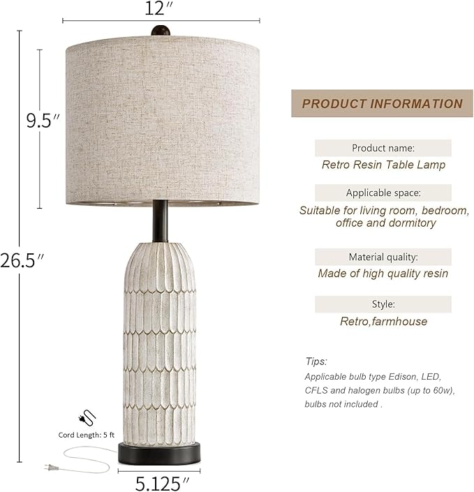 OYEARS 26.5" Table Lamps Set of 2 - Bedside Lamp with USB A+C Charging Ports,Rustic,Perfect for Nightstands and Bedrooms,Black - Bloomnest