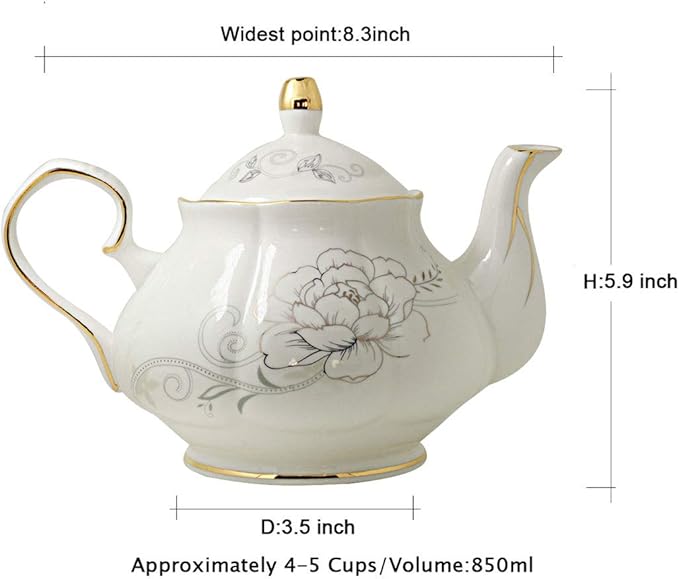 Jomop Ceramic Tea pot Floral Design White 855ml About 4 Cups (Gold)