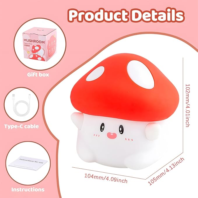 Mushroom Night Light,LED Cute Silicone Squishy Lamp Rechargeable Nursery Nightlight with 2 Level Dimmable Bedside Touch Lamp for Bedroom Kids Room Mushroom Decor Gifts - Bloomnest