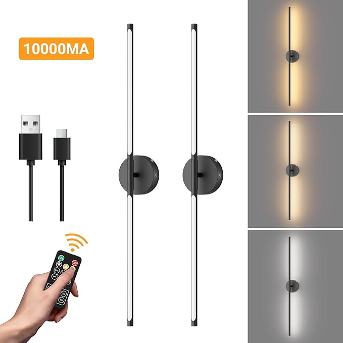 Tipace Battery Operated Wall Sconces Set of 2,360°Rotation Rechargeable Wall Lights:Dimmable Detachable Wall Lamp with Remote Control,3000K-6000K Infinite Dimming Wall Sconce 32.7 Inch - Bloomnest