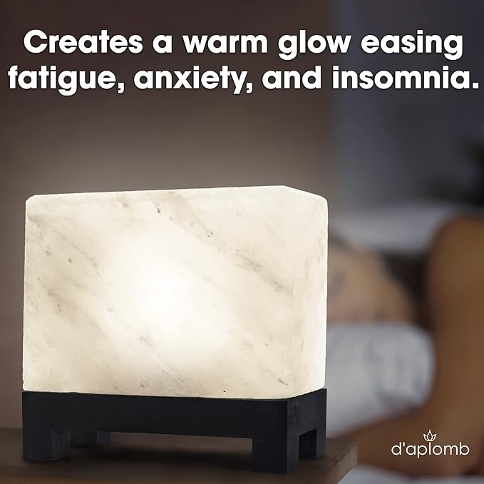 d'aplomb 100% Authentic Natural Himalayan Salt Lamp;Hand-Carved Modern Rectangle Rare White Crystal Rock Salt from The Himalayan Mountain; Footed Wood Base, Dimmer Cord; 11.5 lbs