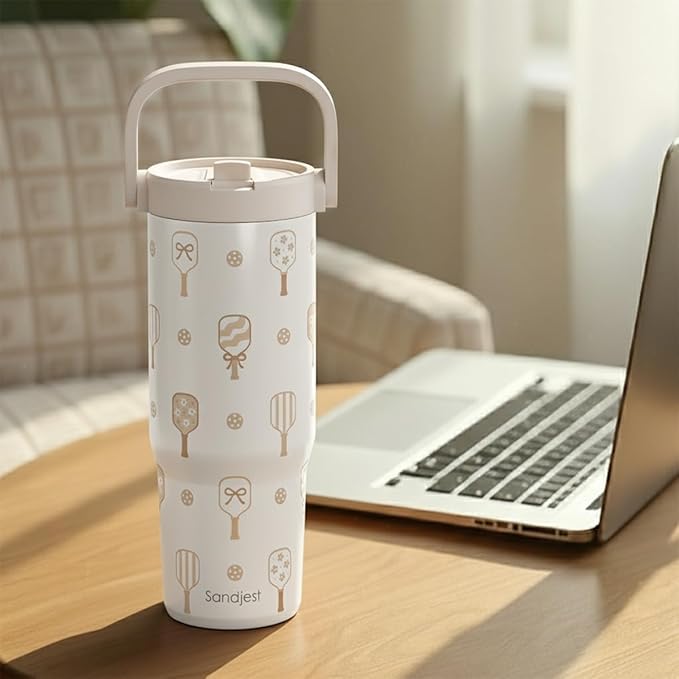 SANDJEST Pickleball Stainless Steel Straw Lid Tumbler 30oz with Carry Handle for Women Girls, Insulated Travel Coffee Cup, Gift for Sports Outdoor Workout Christmas Birthday (Beige) - Bloomnest