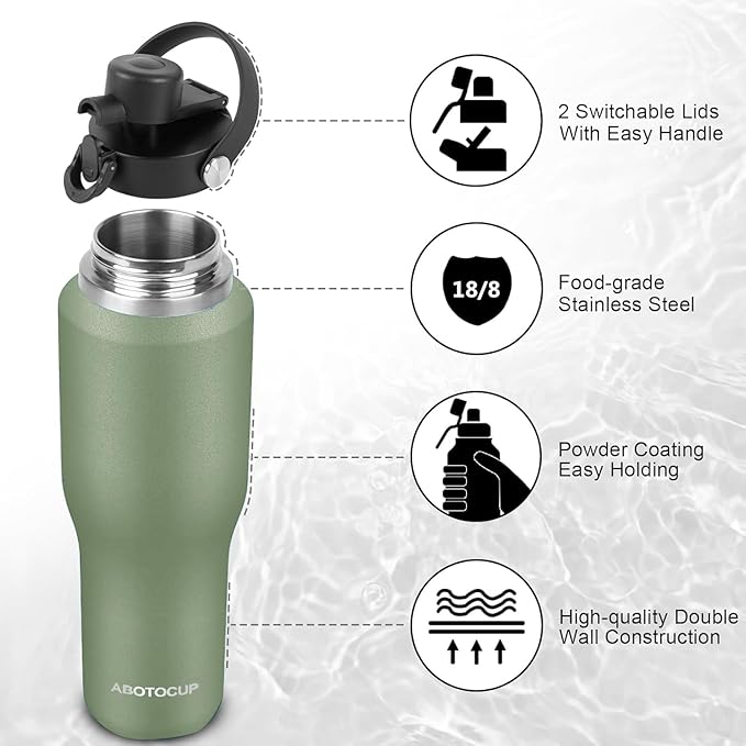 Insulated Water Bottle 32oz with Straw/Spout Lids, Stainless Steel Water Bottles Keep Cold 24h&Hot 12h, Metal Water Bottle with Straw that Fits in Cup Holder, Water Bottle Leak-proof,BPA Free - Bloomnest
