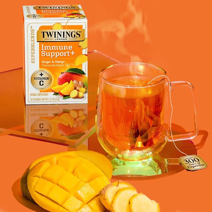 Twinings Superblends Immune Support+ Herbal Tea with Vitamin C, Ginger & Mango Flavoured Green Tea, 16 Tea Bags (Pack of 6), Naturally Caffeine-Free, Enjoy Hot or Iced, 96 Teabags - Bloomnest