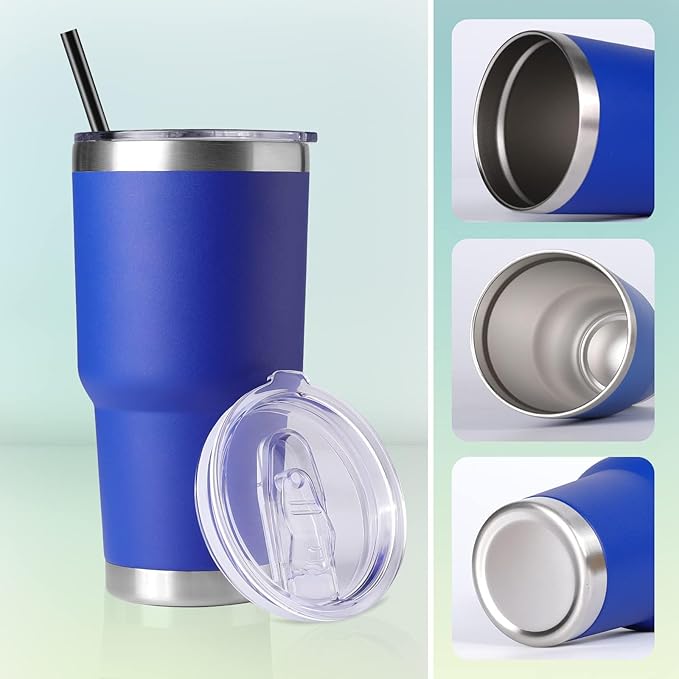 DOMICARE 30oz Tumbler Bulk with Lid and Straw, Double Wall Travel Coffee Mug, Insulated Vacuum Stainless Steel Tumblers, Powder Coated Tumbler Cup (Dark Blue, 8) - Bloomnest