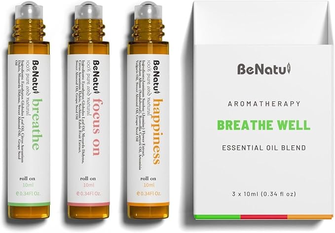 Benatu Essential Oil Blends Set (Breathe, Focus on, Happiness), Natural Aromatherapy Roll On for Massage, Body Skin Care, Home - Natural Fragrance Gift Roller for Women and Men - Bloomnest