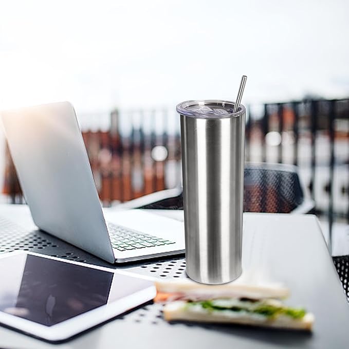 20 oz Skinny Tumblers with Lid and Straw,Stainless Steel Vacuum Insulated Tumbler Cup Double Wall Travel Coffee Mug, Thermal Water Tumbler for Hot and Cold Drinks(Silver,8) - Bloomnest