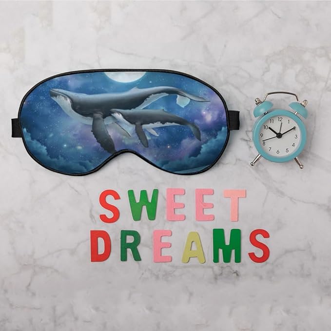 Flying Whale Sleep Eye Mask Eye Cover Fish Family Shimmering Sea Surface Starry Night Silk Eye Mask for Sleeping with Adjustable Strap for Travel Nap Shift Work Office - Bloomnest