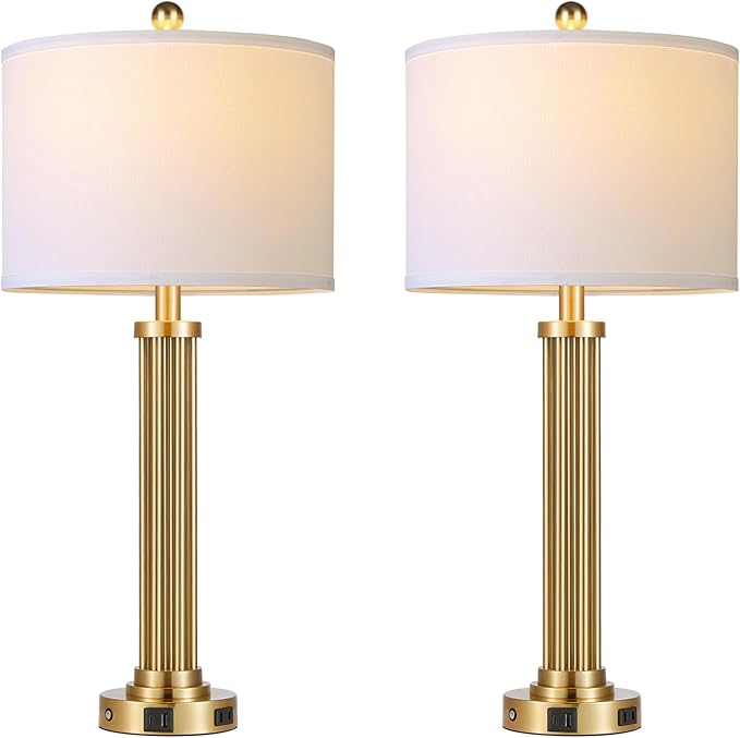 28" Tall Modern Table Lamps Set of 2 with USB C+A Ports and AC Outlet, 3 Way Touch Metal Bedside Lamps for Living Room, Gold Nightstand Lamps for Bedroom - Bloomnest