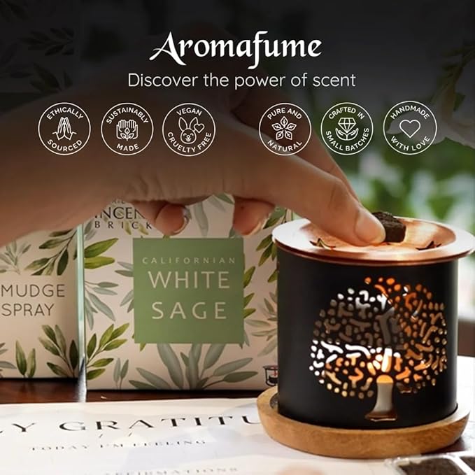 White Sage Incense Brick Gift Set by Aromafume | 12 Bricks & Tree of Life Exotic Burner | White Sage with Rose, Lavender, Palo Santo, Sandalwood, Frankincense | Sage for Cleansing, Smokeless Smudging Aromafume