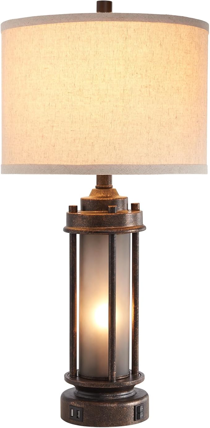 25'' Farmhouse Table Lamp with 2 USB Charging Ports, Rustic Vintage Nightstand Lamp with Frosted Glass Nightlight, Retro Desk Lamp for Living Room Bedroom End Table Entryway, 2 Bulbs Included - Bloomnest