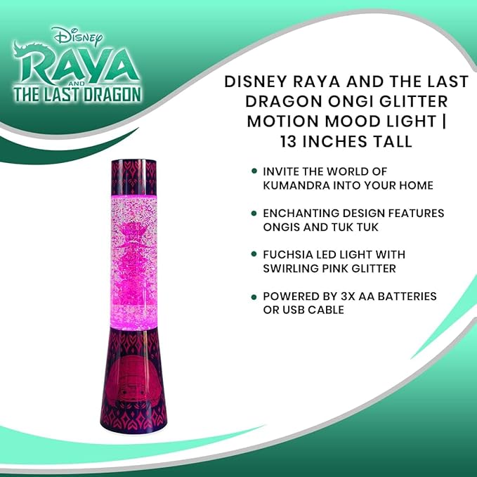 Disney Raya and the Last Dragon Ongi 13-Inch Glitter Motion Mood Light | Nightstand Table Lamp with LED Light for Bedroom, Desk, Living Room | Home Decor Room Essentials, Cute Gifts And Collectibles - Bloomnest