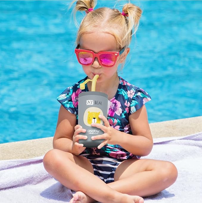 asobu Stainless Steel Kids Tumbler with Flexible Straw Lid | Insulated Water Bottle | Reusable Travel Cup 12 Ounce (Grey) - Bloomnest