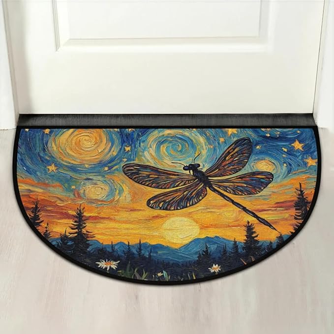 Half Round Door Mat, Starry Night Dragonfly Half Circle Rug for Home Decor Floor Indoor Outdoor Non-Slip Washable Floral Half Moon Rug Doormat 36X24 Inch - Bloomnest