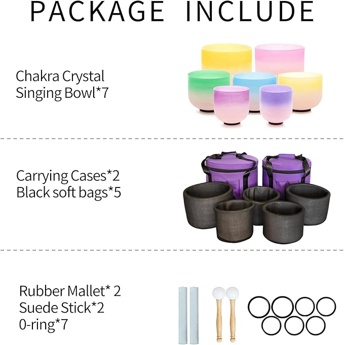 Singing Bowls 7-12 inch 432HZ Light Color Frosted Chakra Handmade Quartz Crystal Sound Healing Meditation Yoga with 2 Travel Carry Cases Bags 2 Mallets Suede 2 Strikers 7 O-rings - Bloomnest