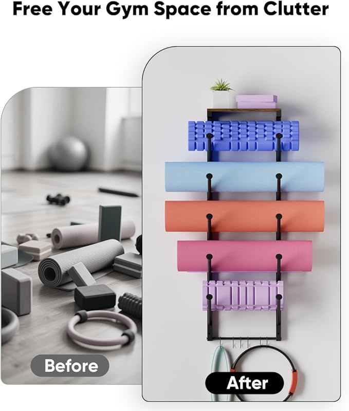 5 Tiers Yoga Mat Holder Rack Wall Mount with 6 Hooks for Hanging Accessory Yoga Strap Foam Rollers Resistance Bands, Yoga Mats Organizer with Floating Shelf for Home Gym Storage Fitness