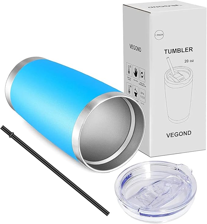 VEGOND 20oz Tumbler with Lid and Straw Stainless Steel Tumbler Cup Vacuum Insulated Double Wall Travel Coffee Mug Powder Coated Coffee Cup(Sky Blue 1 Pack) - Bloomnest
