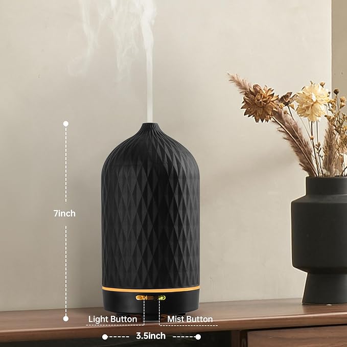 Wanlola Essential Oil Diffuser with Diamond Pattern,120ML Aromatherapy Ceramic Diffusers with Auto Off Function & Warm Light for Home,Decor,Black - Bloomnest