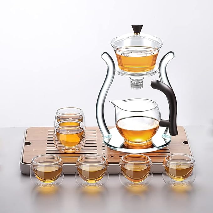 Lazy Kungfu Drip TeaPot, Heat Resistant Tea Set, Semi-Automatic Glass Teapot Suit for Magnetic Water Flow Wooden Glass Teapot Set (Teacup) - Bloomnest
