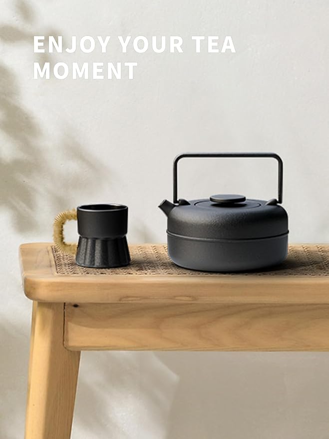 Toptier Teapot with Removable Infuser, Cast Iron Tea Kettle Stovetop Safe, Solid Geometry Cylinder Design Tea Pot Coated with Enameled Interior for 27 Ounce (800 ml), Black - Bloomnest
