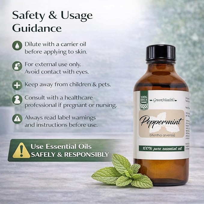 GreenHealth Peppermint Essential Oil 4 fl oz - 100% Pure Essential Oil - Amber Glass Bottle w/Glass Dropper - Fresh Mint Aroma for Diffusers, Candles, Soap Making, DIY Use Greenals