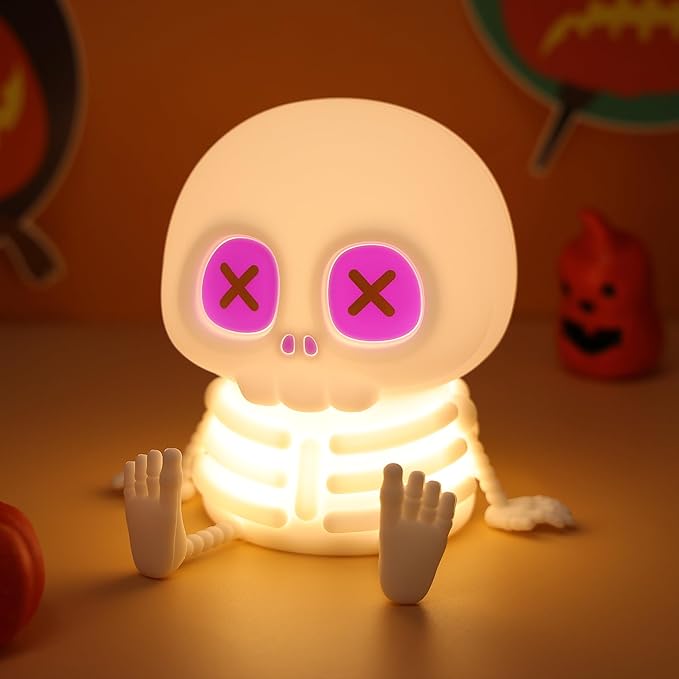 Skull Night Light, Cute LED Silicone Lamp, Color Changing & Dimmable Helloween Room Decor, 20 Mins Timer Squishy Cordless Rechargeable Nightlight, Bedside Light for Christmas Halloween Gifts - Bloomnest