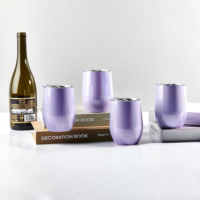 BetterSub 8 Pack 12oz Sublimation Glitter Purple Wine Tumblers, Double Wall Insulated Stainless Steel Sublimation Blanks, Includes Lid, Straw, Brush, Display Box - Bloomnest