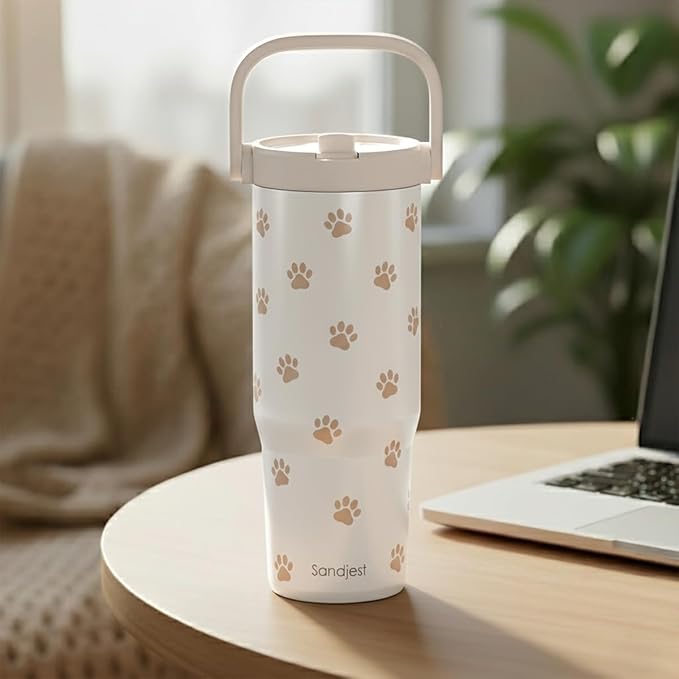 SANDJEST Paw Prints Stainless Steel Straw Lid Tumbler 30oz with Carry Handle for Women Girls Pet Lover Dog Mom Cat Mom, Insulated Travel Coffee Cup, Gift for Sports Workout Christmas Birthday - Bloomnest